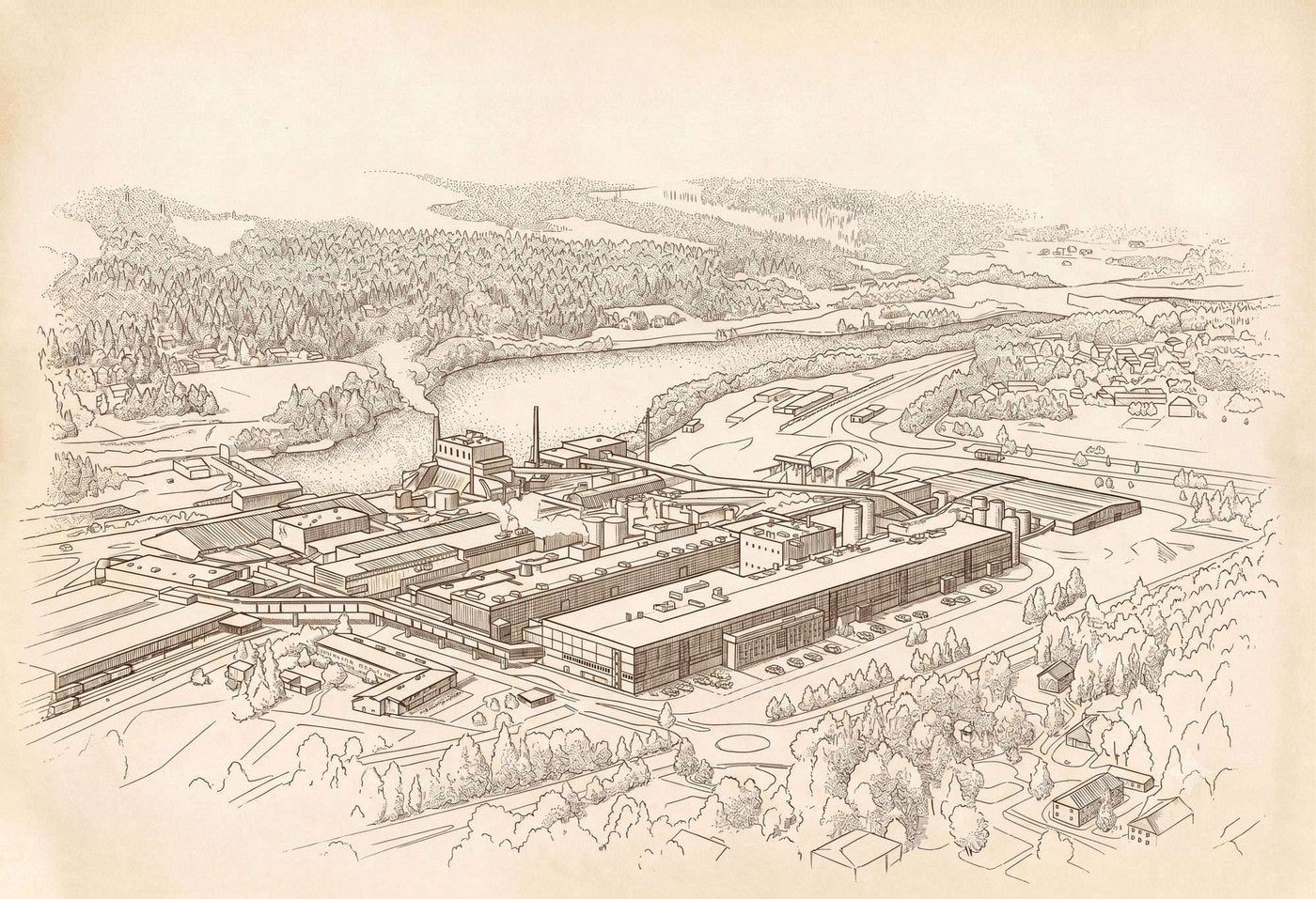 Pen-and-ink drawing of a Scandinavian riverside mill set among pine forest, in the style of an antique engraving.