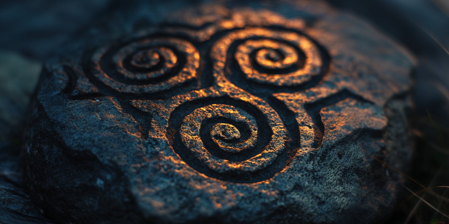 A triskelion of three joined spirals carved into dark stone, lit low by ember light.